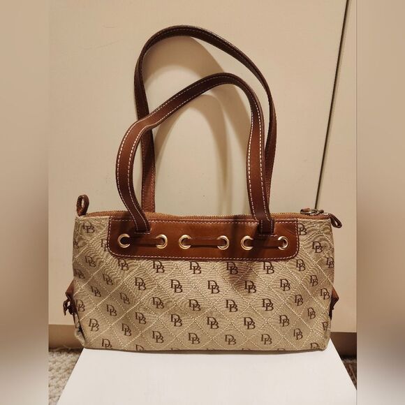 Vtg. Mint  Dooney & Bourke Signature Logo Brn/Tan Canvas w/Leather Trim Handbag - Picture 2 of 16